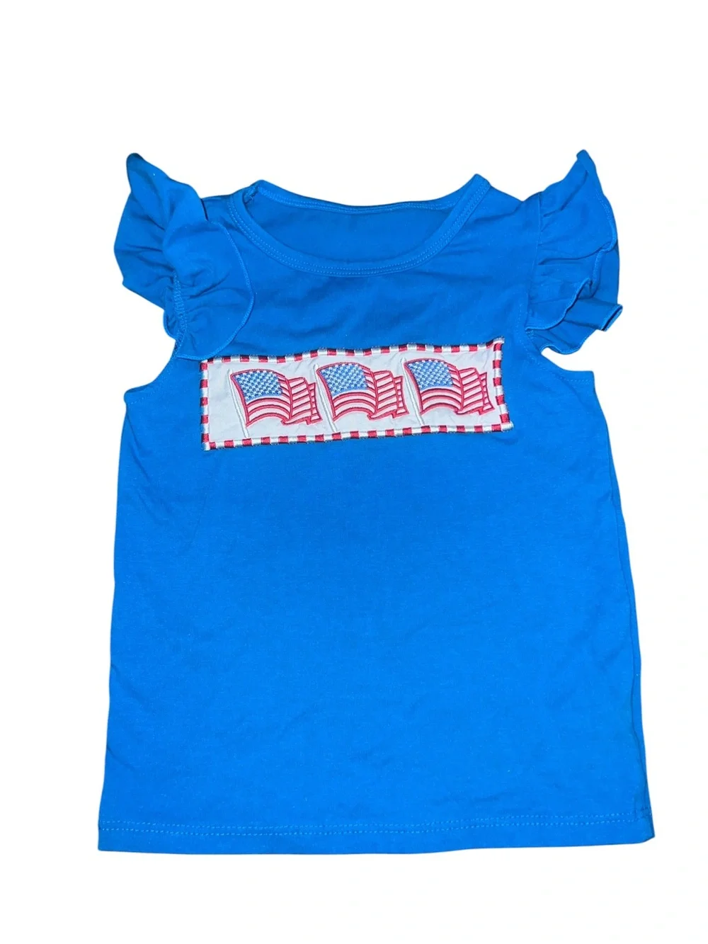 Girls Blue Ruffled Sleeve Tank with Flag Appliqué